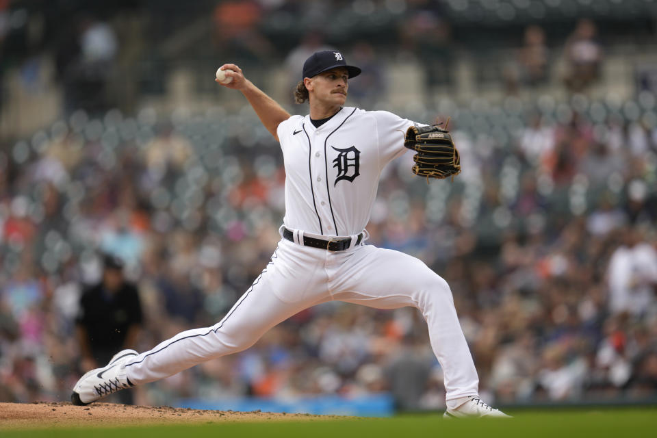 Detroit Tigers pitcher Sawyer Gipson-Long throws against the Chicago White Sox in the third inning of a baseball game, Sunday, Sept. 10, 2023, in Detroit. (AP Photo/Paul Sancya)