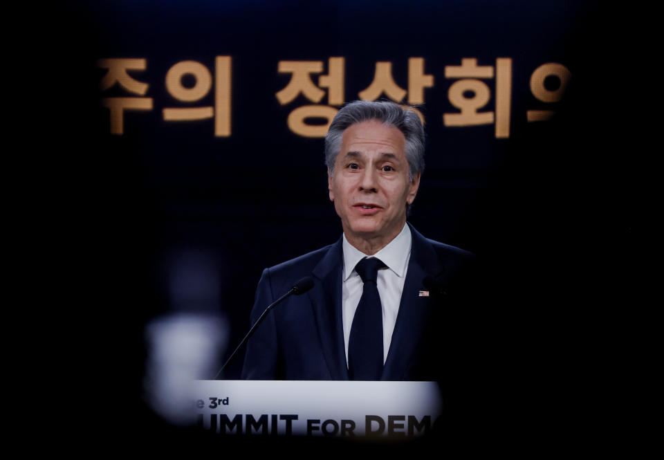 U.S. Secretary of State Antony Blinken delivers remarks at the third Summit for Democracy, in Seoul, South Korea, Monday, March 18, 2024. (Evelyn Hockstein/Pool Photo via AP)