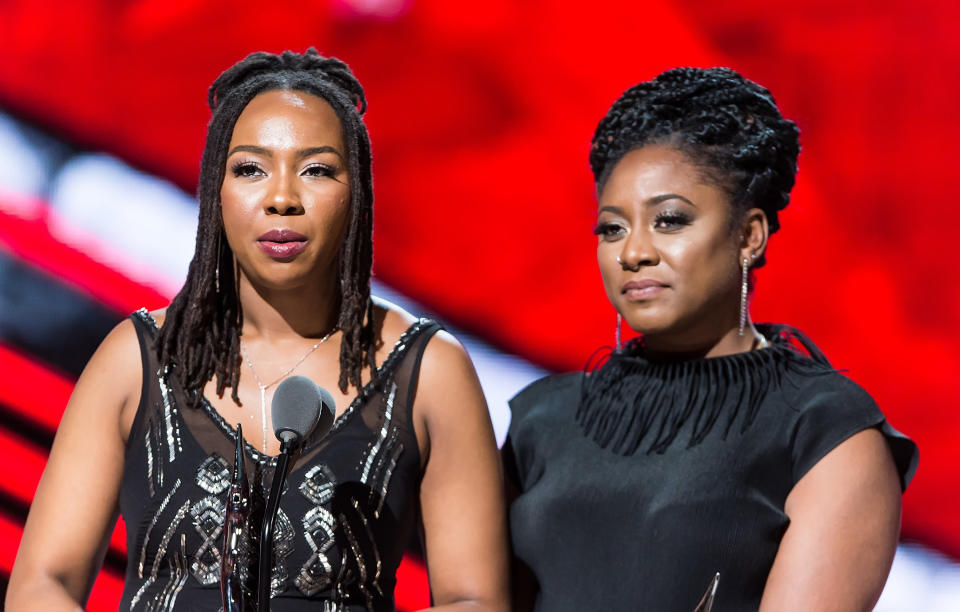 Black Lives Matter founders and Change Agent Award recipient's Opal Tometi and Alicia Garza speak onstage.