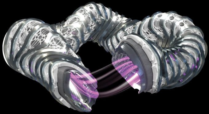 Plasma burns inside a Type One stellarator in this illustration.