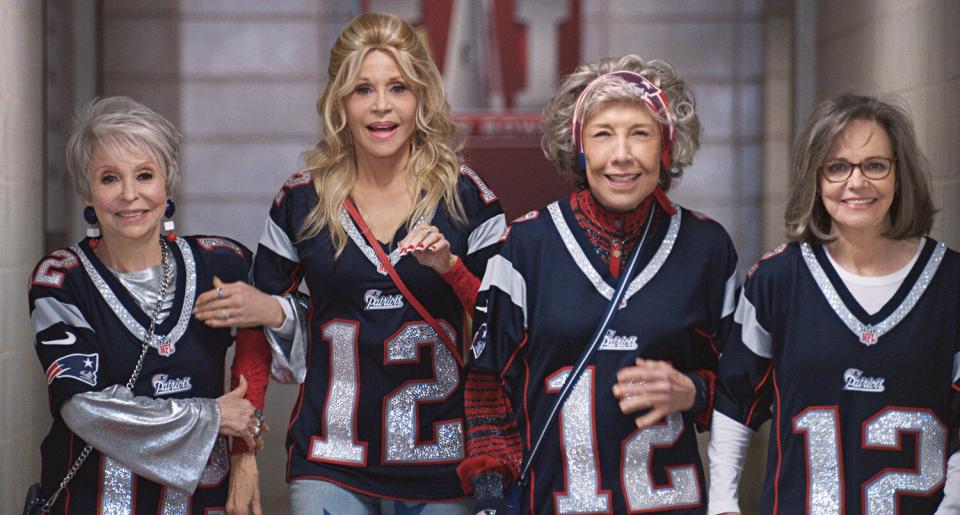 Rita Moreno plays Maura, Jane Fonda plays Trish, Lily Tomlin plays Lou and Sally Field plays Betty in 80 For Brady