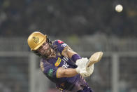 Kolkata Knight Riders' Phil Salt plays a shot during the Indian Premier League cricket match between Delhi Capitals and Kolkata Knight Riders in Kolkata, India, Monday, April 29, 2024. (AP Photo/Bikas Das)