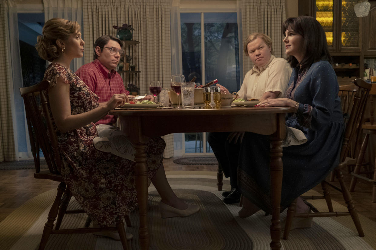 The Montgomerys (Elizabeth Olsen and Patrick Fugit) and the Gores (Jesse Plemons and Lily Rabe) in 