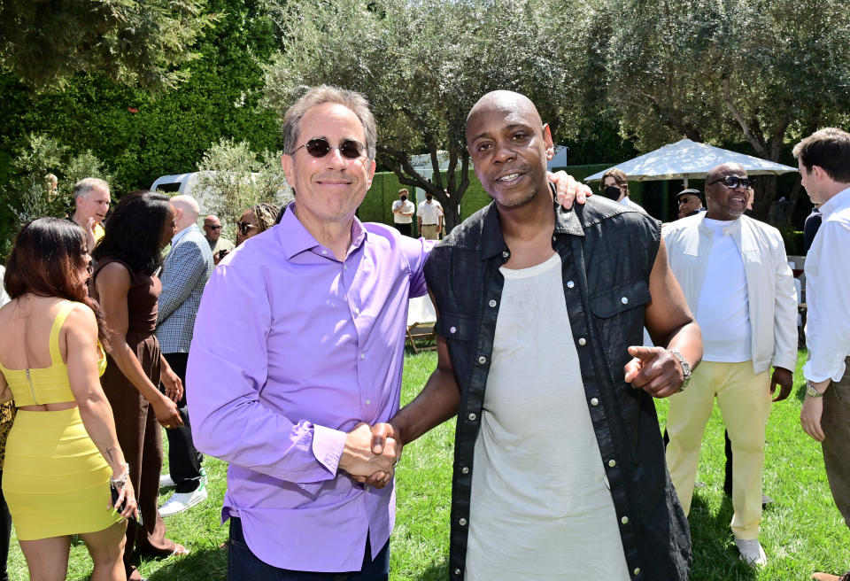 LOS ANGELES, CALIFORNIA - MAY 01: (L-R) Jerry Seinfeld and Dave Chappelle attend NETFLIX IS A JOKE PRESENTS - Ted's Brunch on May 01, 2022 in Los Angeles, California. (Photo by Stefanie Keenan/Getty Images for Netflix)