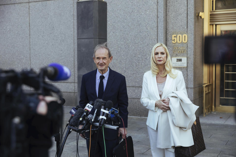 Attorneys David Boies, left, and Sigrid McCawley speak following Ghislaine Maxwell's appearance in Federal Court on Friday, April 23, 2021, in New York. Ghislaine Maxwell, a British socialite and one-time girlfriend of Epstein, pleaded not guilty to sex trafficking conspiracy and an additional sex trafficking charge that were added in a rewritten indictment released last month by a Manhattan federal court grand jury. (AP Photo/Kevin Hagen)