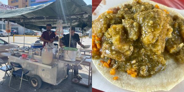 Conquista taco de chicharrón en salsa verde de “Tacos Varios La Perla” en Tijuana 