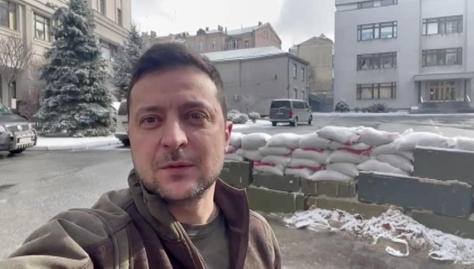 Ukrainian President Volodymyr Zelenskyy is seen on a street in Kyiv, Ukraine, soon after the beginning of Russia's full-scale invasion of his country, March 8, 2022. / Credit: Ukrainian Presidency/Handout