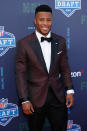 <p>Saquon Barkley of Penn State poses on the red carpet prior to the start of the 2018 NFL Draft at AT&T Stadium on April 26, 2018 in Arlington, Texas. (Photo by Tim Warner/Getty Images) </p>