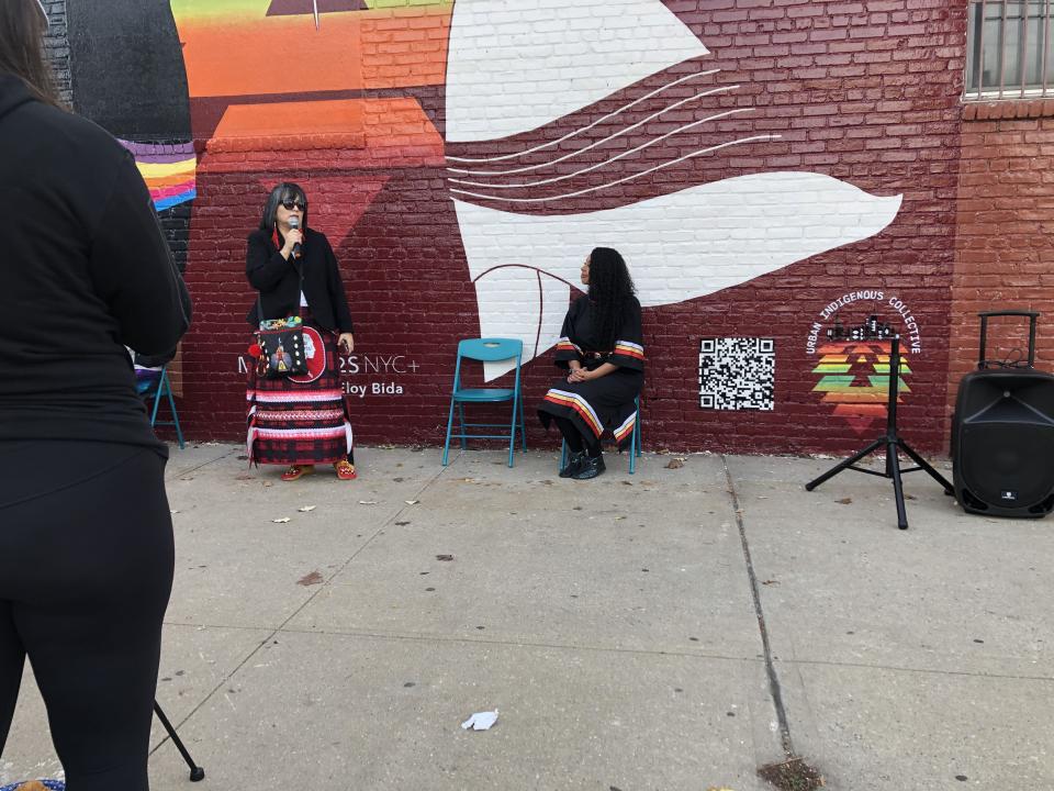 Tribal legislator and activist Rachel Fernandez calls for collective action to end violence against Native people at Urban Indigenous Collective's mural unveiling in Brooklyn on Nov. 20, 2021.