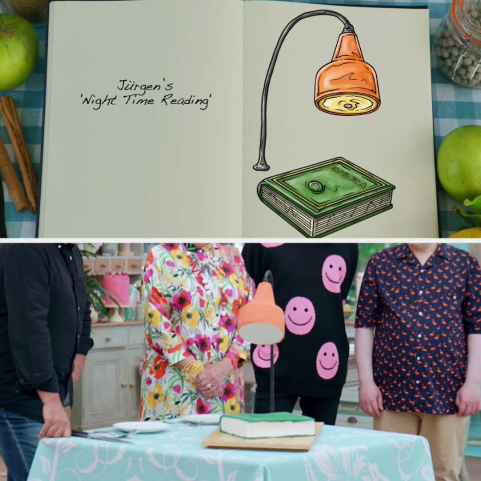 Jürgen's anti-gravity cake designed to look like a lamp and book side by side with its drawing