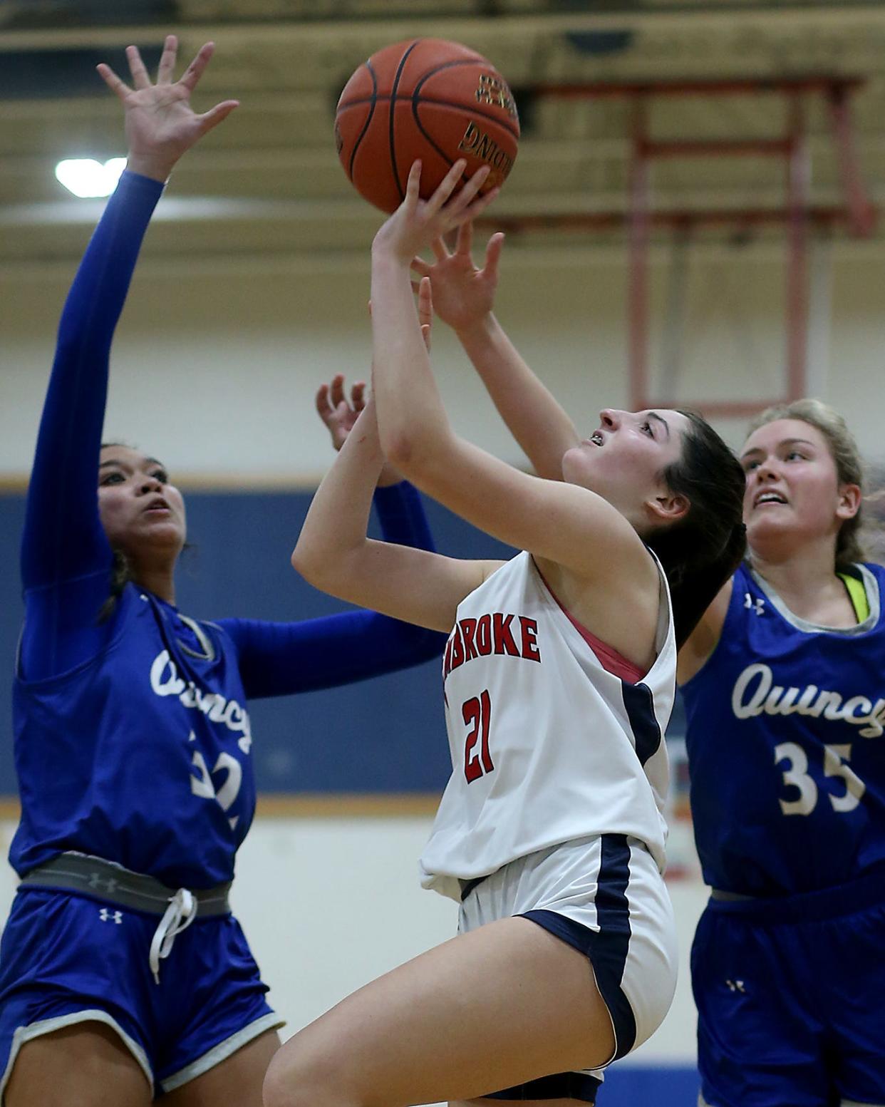 Pembroke's Alissa Marcella goes up for a layup to give Pembroke the 31-17 lead over Quincy during third quarter action of their game against Quincy at Pembroke High on Tuesday, Feb. 7, 2023. 