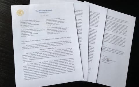 US attorney general William Barr's letter to congressional leaders on Robert Mueller's report - Credit: REUTERS/Jim Bourg