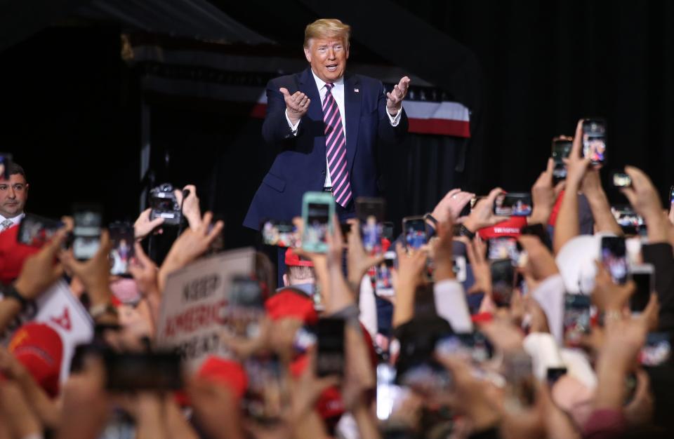 President Donald Trump gestures to the crowd at a campaign rally at Las Vegas Convention Center on Feb. 21, 2020 in Las Vegas.