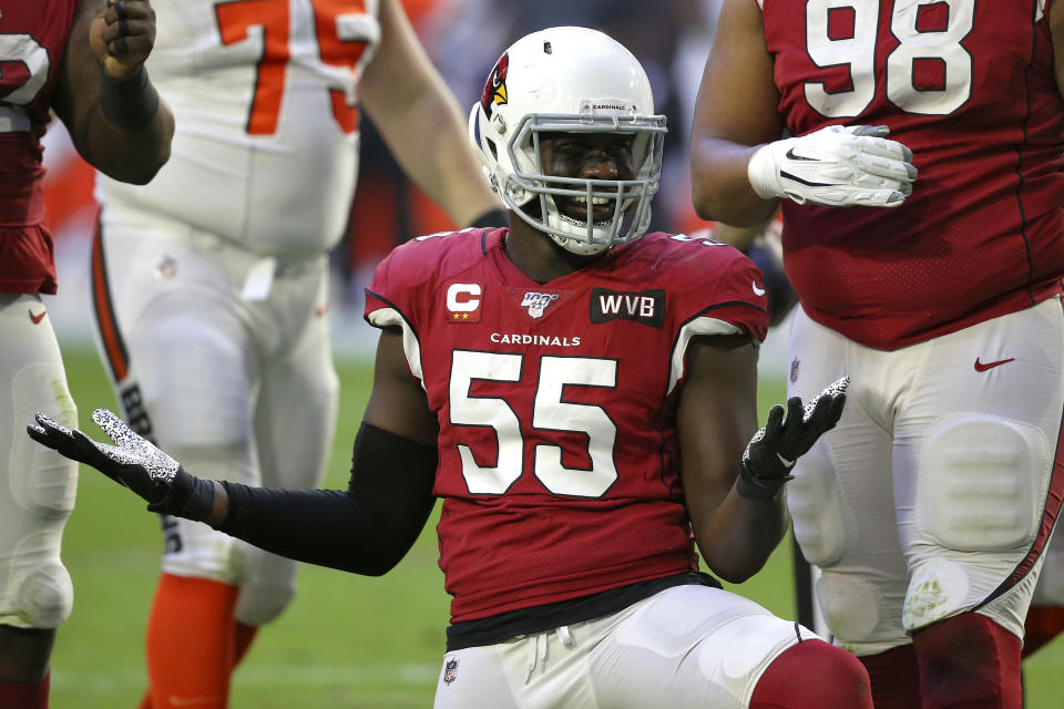 Arizona Cardinals linebacker Chandler Jones (55) celebrates after a sack against the Cleveland Browns during the first half of an NFL football game, Sunday, Dec. 15, 2019, in Glendale, Ariz. (AP Photo/Ross D. Franklin)