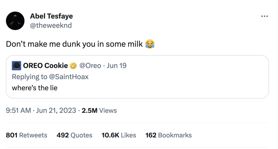 Oreo: "Where's the lie" and Abel responds, "Don't make me dunk you in some milk" with laugh-cry emoji