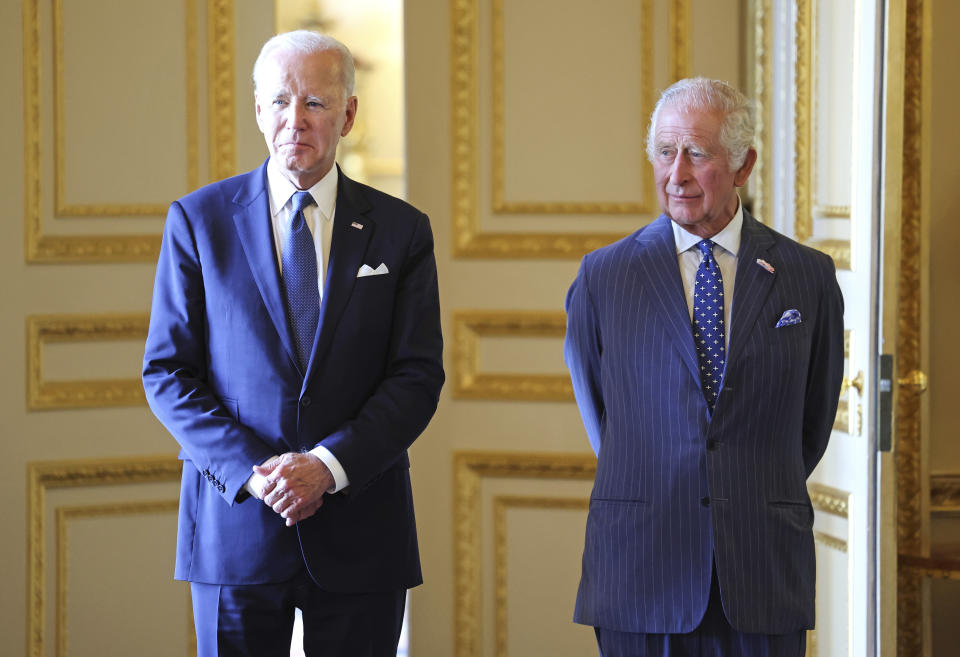 U.S. President Joe Biden, left, and Britain's King Charles III meet inside Windsor Castle, England, Monday July 10, 2023. (Chris Jackson/Pool via AP)