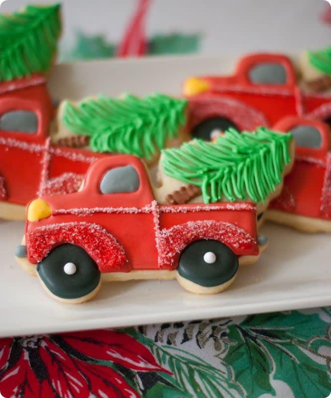 <p>Bake at 350</p><p>Beep! Beep! Christmas is here!</p><p><strong>Get the recipe: <a href="https://www.bakeat350.net/2013/12/truck-with-christmas-tree-cookies.html" rel="nofollow noopener" target="_blank" data-ylk="slk:Vintage Truck Christmas Cookies;elm:context_link;itc:0;sec:content-canvas" class="link ">Vintage Truck Christmas Cookies</a></strong></p>