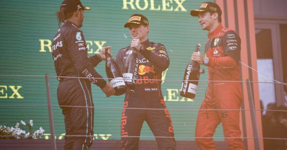 Lewis Hamilton and Max Verstappen on the Austrian GP podium. Red Bull Ring July 2022. Credit: PA Images