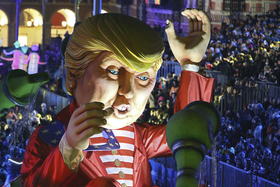 Nice carnival features a Donald Trump float