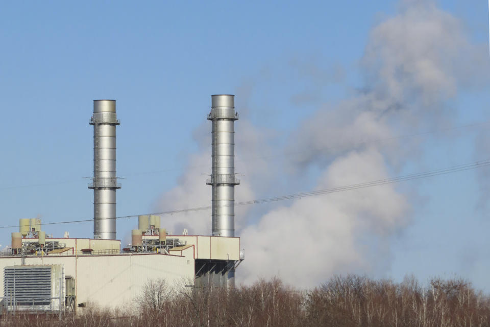 A gas-fired power plant in Linden, N.J., is seen on Feb. 29, 2024. On March 4, 2024, New Jersey lawmakers watered down a proposed referendum on whether to ban construction of new power plants that burn fossil fuels, adding a loophole that allowed for construction of new emergency backup plants that burn fossil fuels. (AP Photo/Wayne Parry)