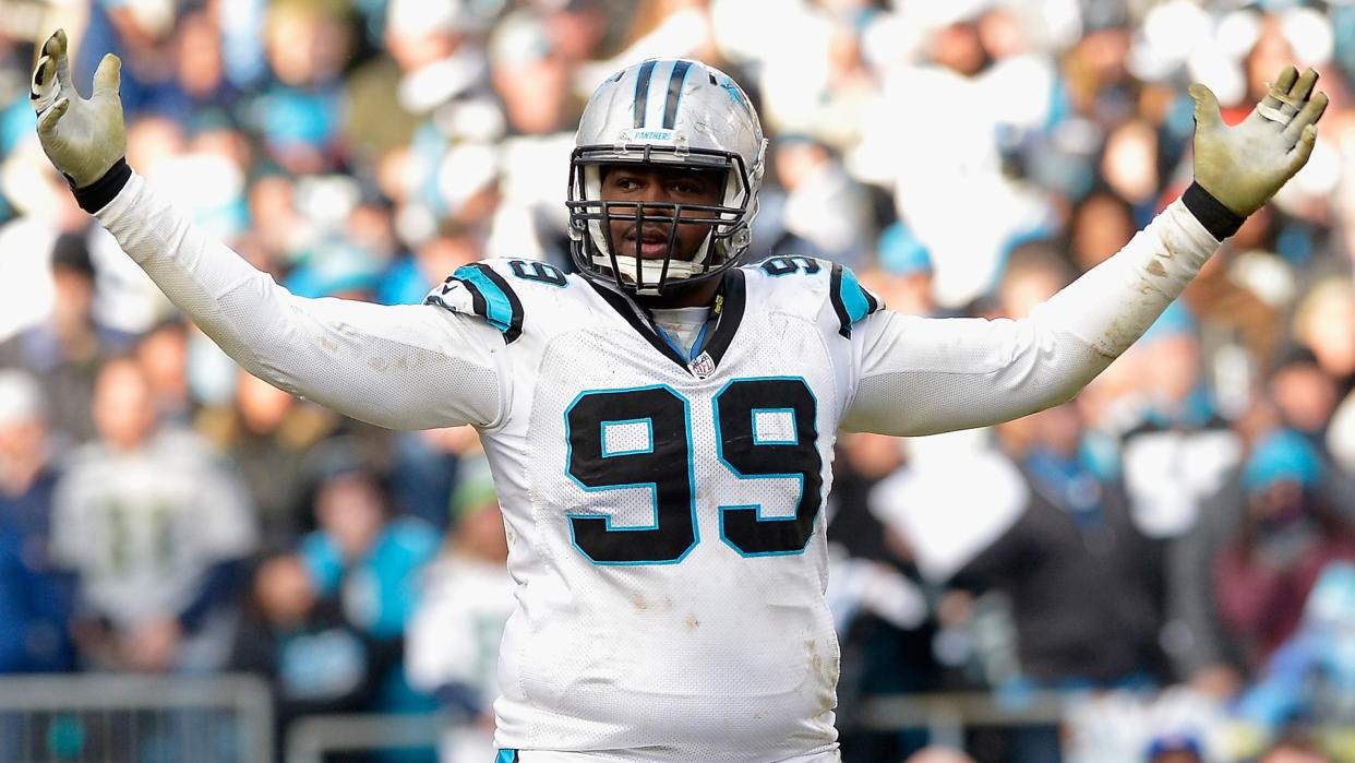 CHARLOTTE, NC - JANUARY 17:  Kawann Short #99 of the Carolina Panthers reacts after defeating the Seattle Seahawks 31-24 at the NFC Divisional Playoff Game at Bank of America Stadium on January 17, 2016 in Charlotte, North Carolina.