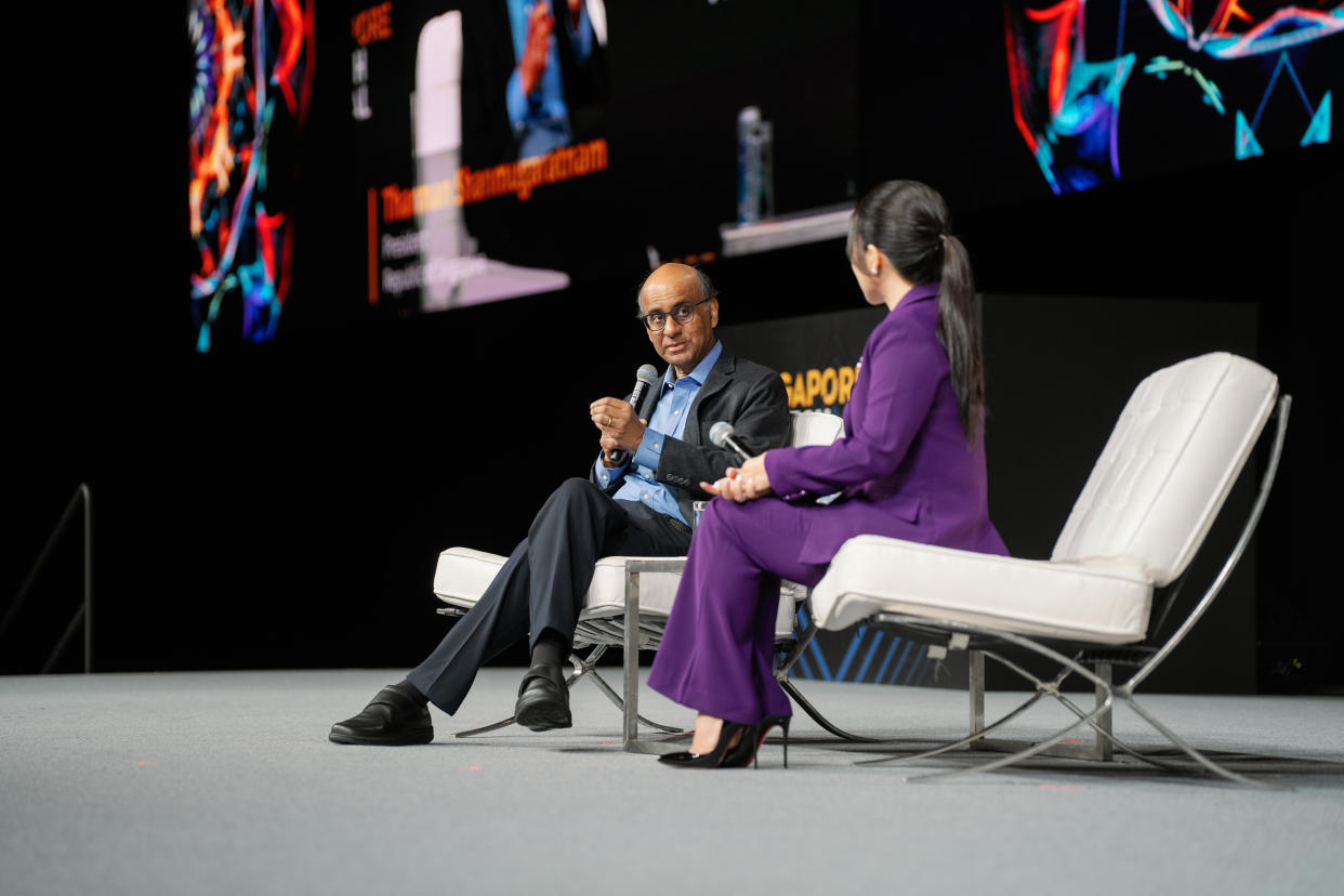 President Tharman speaking on AI during a fireside chat at the Singapore FinTech Festival 2023.