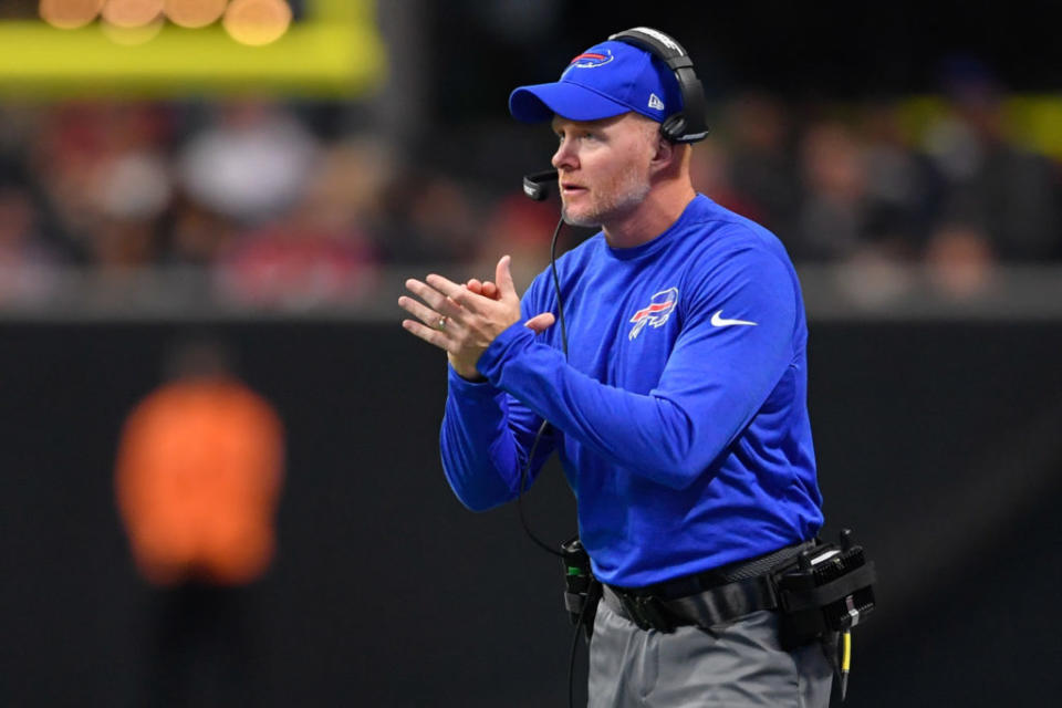 Oct 1, 2017; Atlanta, GA, USA; Buffalo Bills head coach Sean McDermott reacts during the game against the Atlanta Falcons during the first half at Mercedes-Benz Stadium. Mandatory Credit: Dale Zanine-USA TODAY Sports