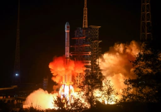 A Chinese Long March 3B rocket lifting off on December 8, 2018, carrying a rover that landed on the dark side of the Moon