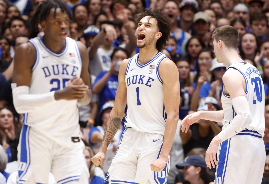 Duke’s Dereck Lively II (1) celebrates after N.C. State turns the ball over during the first half of N.C. State’s game against Duke at Cameron Indoor Stadium in Durham, N.C., Tuesday, Feb. 28, 2023.