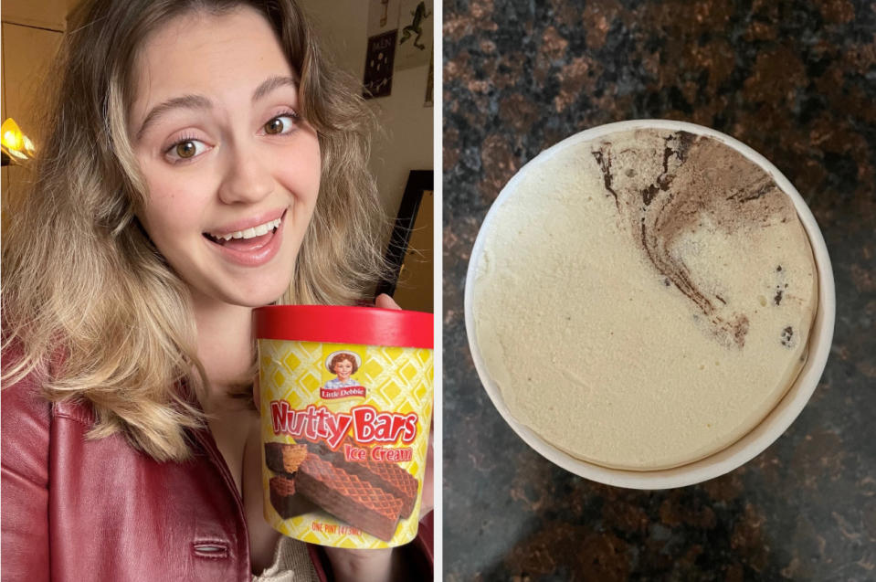 woman holding ice cream next to the open pint