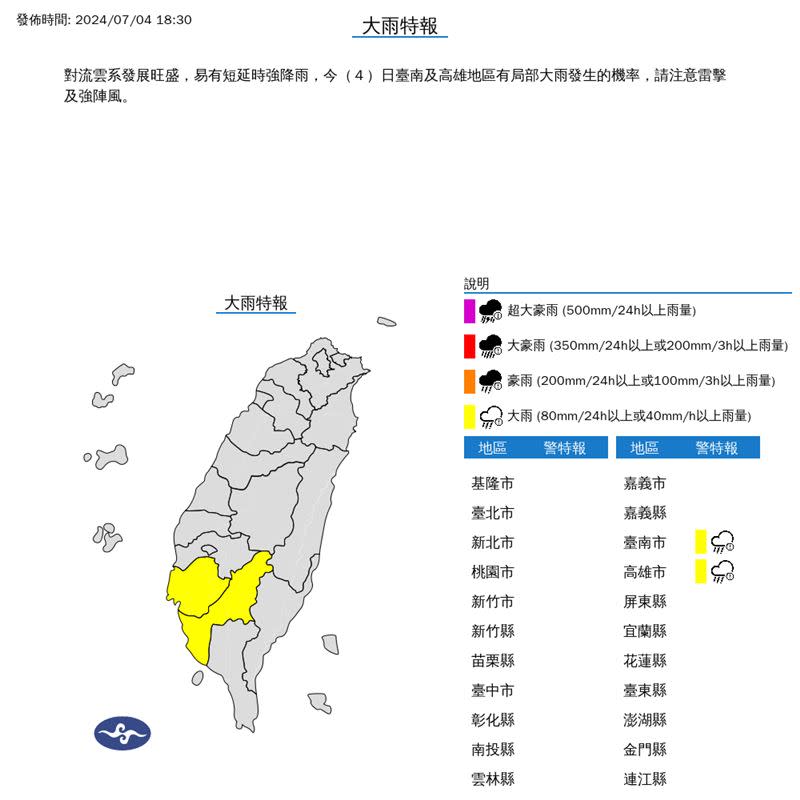 2縣市大雨特報。（圖／翻攝自中央氣象署）