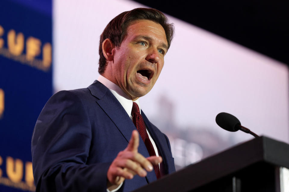 Republican presidential candidate, Florida Governor Ron DeSantis, delivers remarks at the annual Christians United for Israel Summit (CUFI), at the Crystal Gateway Marriott in Arlington, Virginia, U.S., July 17, 2023. REUTERS/Kevin Wurm