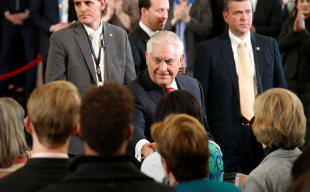 Outgoing U.S. Secretary of State Rex Tillerson says his goodbyes as he departs the State Department in Washington, U.S., March 22, 2018. REUTERS/Kevin Lamarque