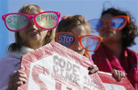 Demonstrators from the organization Code Pink wear toy glasses reading "Stop Spying" at the "Stop Watching Us: A Rally Against Mass Surveillance" near the U.S. Capitol in Washington, October 26, 2013. REUTERS/Jonathan Ernst