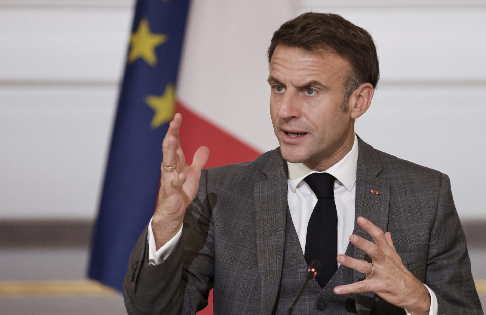 French President Emmanuel Macron speaks during a meeting with officials from Western and Arab nations, the United Nations and nongovernmental organizations at the Elysee Palace, in Paris, Thursday, Nov. 9, 2023. Macron has opened a Gaza aid conference with an appeal for Israel to protect civilians, saying that "all lives have equal worth" and that fighting terrorism "can never be carried out without rules." (Ludovic Marin, Pool via AP)