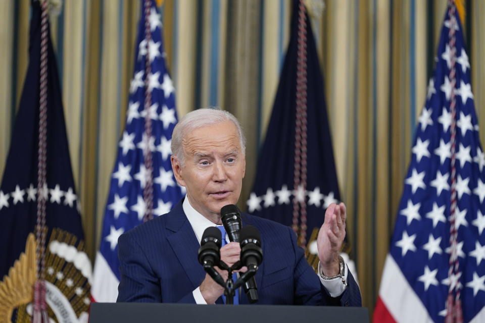 FILE - President Joe Biden speaks in the State Dining Room of the White House in Washington, Wednesday, Nov. 9, 2022. On Friday, April 7, 2023, The Associated Press reported on stories circulating online incorrectly claiming a video shows Biden essentially confirming that his team coordinated the indictment of former President Donald Trump to “stop Trump from taking power again.” (AP Photo/Susan Walsh, File)