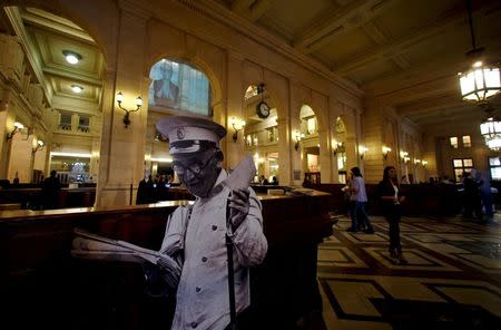 An image of a former postman is seen inside the Kirchner Cultural Center in Buenos Aires, Argentina, May 22, 2015. REUTERS/Marcos Brindicci