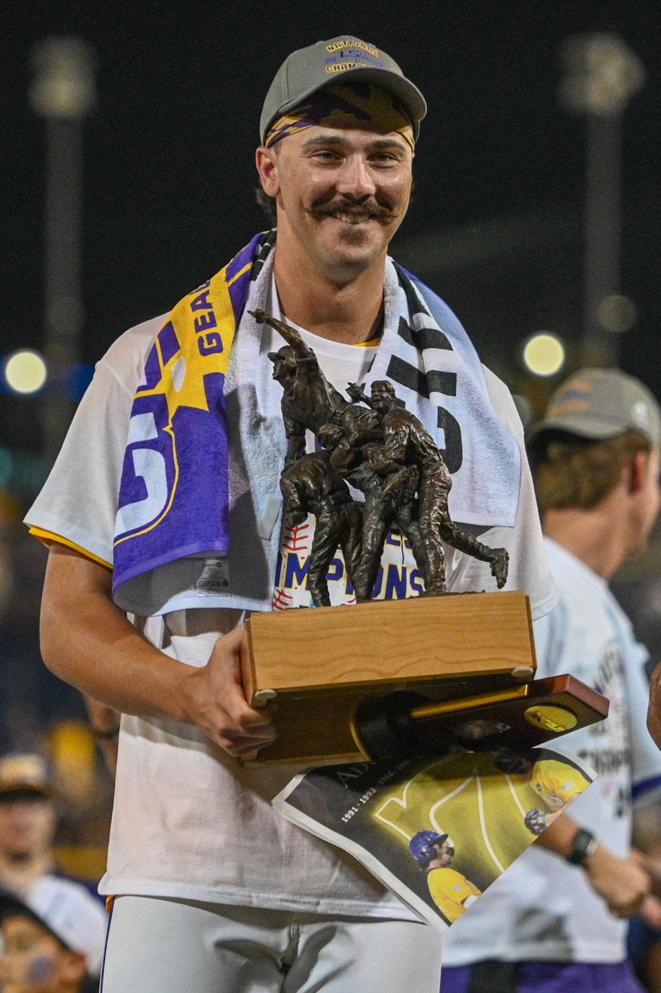 Paul Skenes accepts the Most Outanding Player award after the 2023 College World Series.