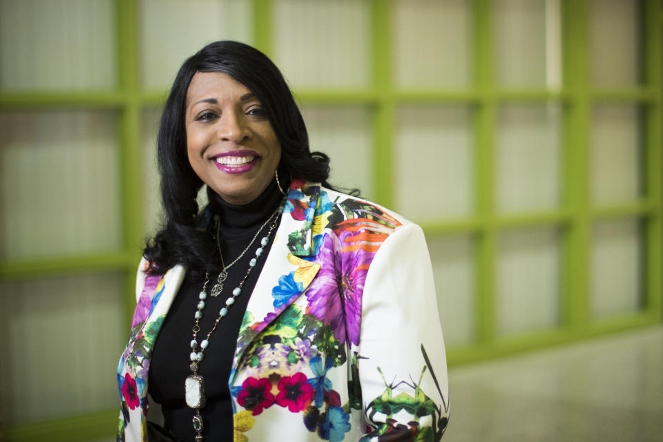 This Wednesday, April 18, 2018 photo shows Carlotta Outley Brown, who was then the principal at Peck Elementary School located in southeast Houston. Outley Brown took over as principal at James Madison High School during the current school year, becoming the school's fourth principal in five years. Outley Brown has implemented a dress code for parents because she says it is necessary to establish high standards for students, despite criticism that the move could be discriminatory. (Marie D. De Jesus/Houston Chronicle via AP)