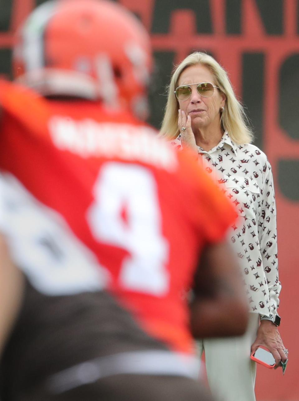 Cleveland Browns owner Dee Haslam keeps an eye on minicamp on Tuesday, June 14, 2022 in Berea.