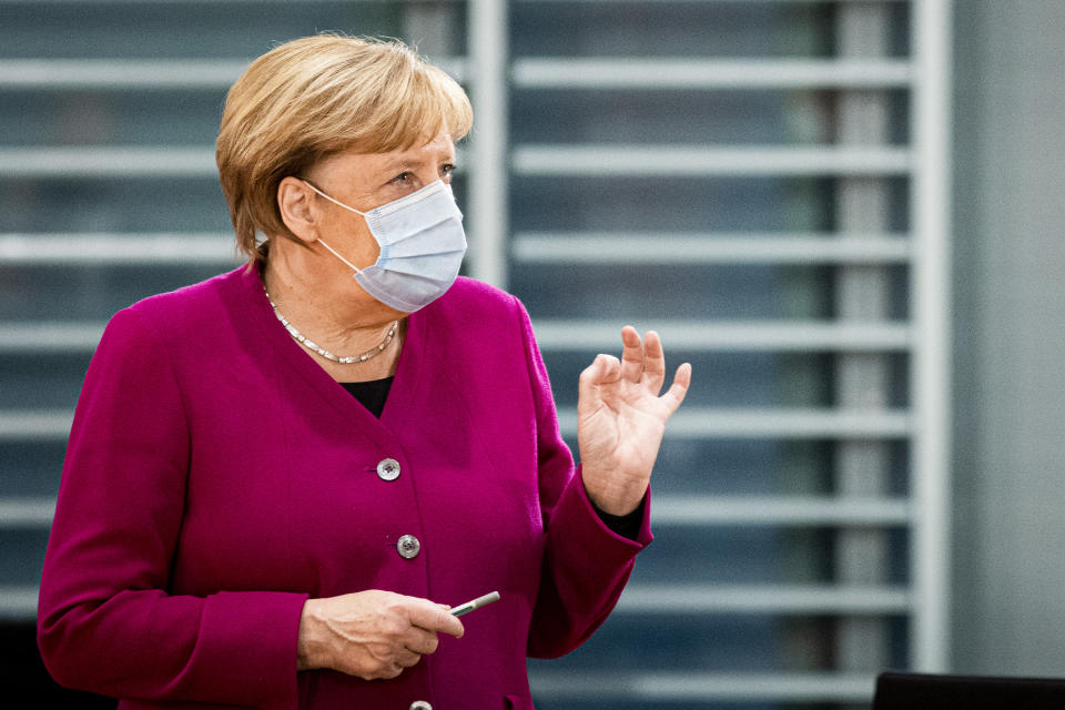 BERLIN, GERMANY - OCTOBER 14: German Chancellor Angela Merkel is pictured during the weekly meeting of the cabinet on October 14, 2020 in Berlin, Germany. (Photo by Florian Gaertner/Photothek via Getty Images)