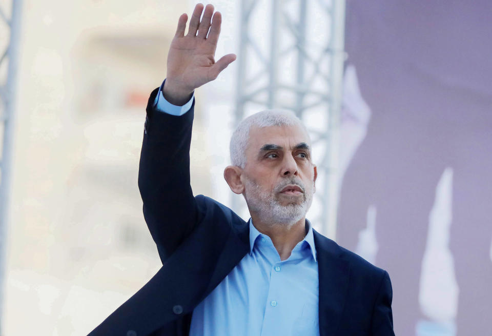 Yahya Sinwar, head of the militant group Hamas in the Gaza Strip, waves his hand to the crowd during the celebration of International Quds Day in Gaza City on April 14, 2023.  / Credit: Yousef Masoud/SOPA Images/LightRocket via Getty Images