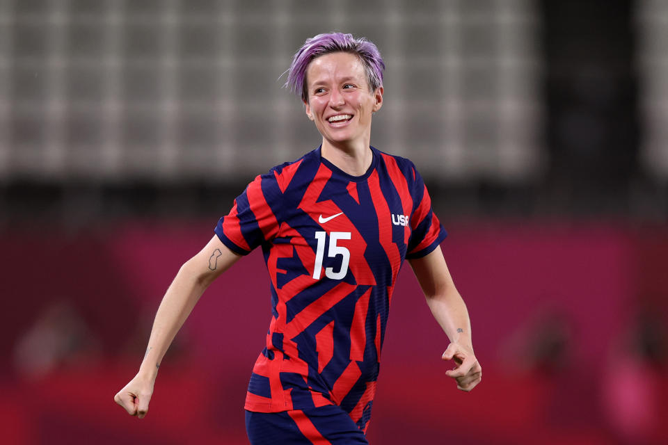 KASHIMA, JAPAN - AUGUST 05: Megan Rapinoe #15 of Team United States celebrates their side's victory after the Women's Bronze Medal match between United States and Australia on day thirteen of the Tokyo 2020 Olympic Games at Kashima Stadium on August 05, 2021 in Kashima, Japan. (Photo by Elsa/Getty Images)