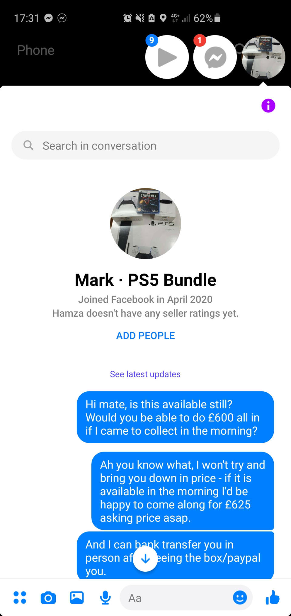 The messaging conversation Mark Lee had with someone supposedly selling a PS5. (SWNS)