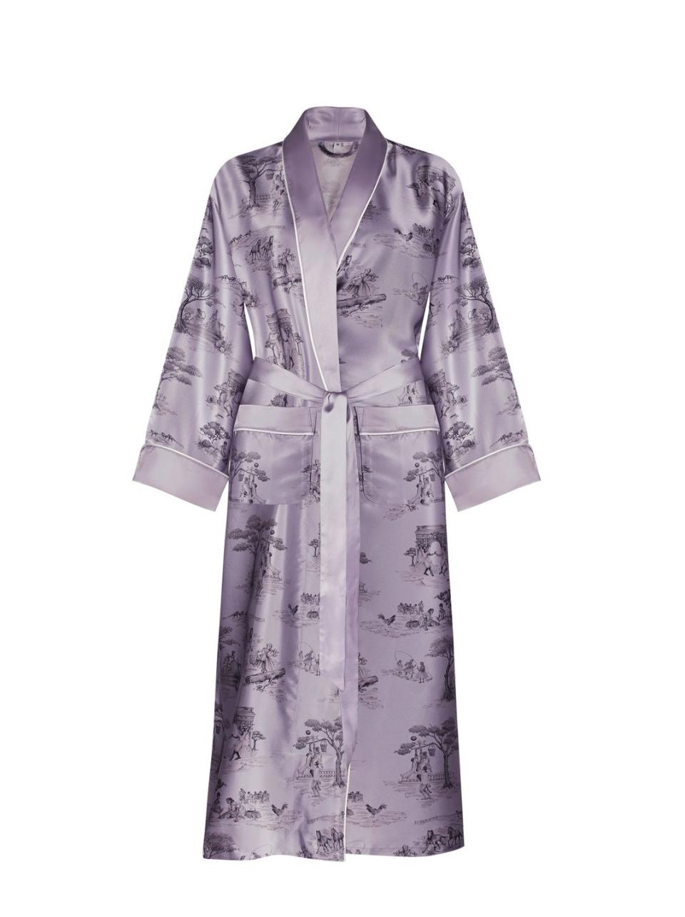 purple silk robe with toile design