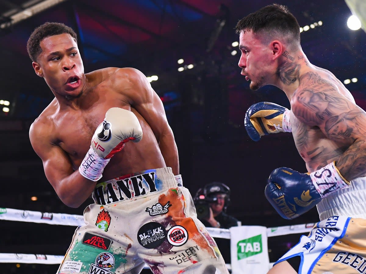 Devin Haney (left) was able to hit and not get hit for most of his fight against George Kambosos Jr (AP)