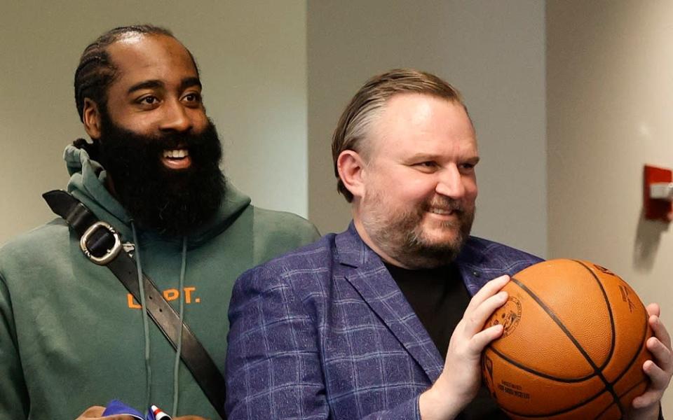 James Harden and Daryl Morey before a press conference