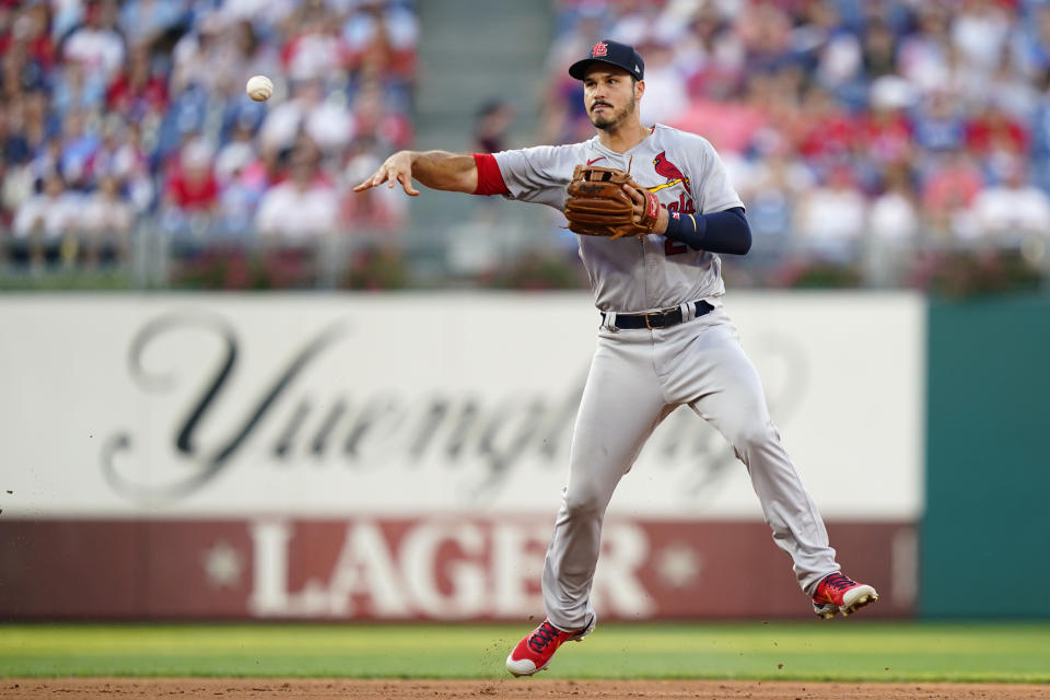 St. Louis Cardinals third baseman Nolan Arenado throws to first after fielding a ground out by Philadelphia Phillies' Didi Gregorius during the fourth inning of a baseball game, Friday, July 1, 2022, in Philadelphia. (AP Photo/Matt Slocum)