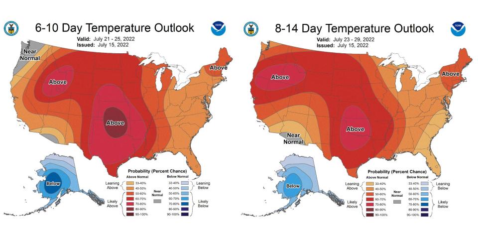 two heat maps side by side for the next two weeks show above average temperatures across the US