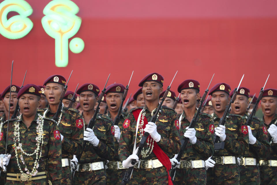 Military officers march during a parade to commemorate Myanmar's 78th Armed Forces Day in Naypyitaw, Myanmar, Monday, March 27, 2023. (AP Photo/Aung Shine Oo)